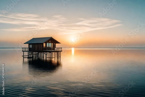 A solitary overwater bungalow perched on stilts, casting a reflection on the calm, mirror-like surface of the ocean during sunrise