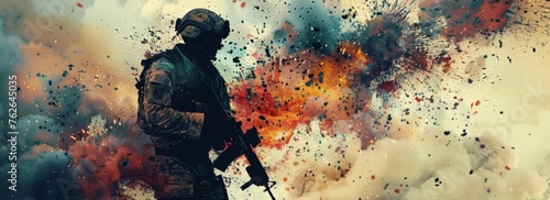 A soldier is standing in front of a fire, with a gun in his hand. Concept of danger and chaos, as the soldier is in the midst of a battle. The bright colors of the fire