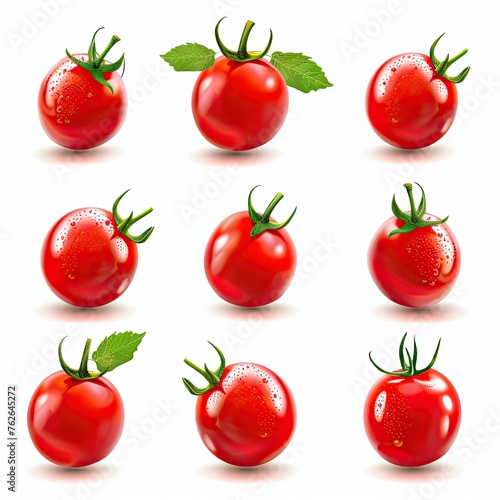 Icons of glossy ripe tomatoes with green leaves isolated on white background.