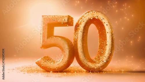 Number 50 gold numbers. Elegant Greeting celebration fifty years birthday. Anniversary number 50 foil gold balloon. Happy birthday, congratulations poster. Golden numbers with sparkling golden confett photo