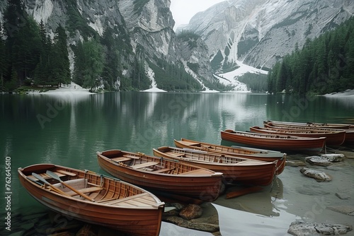 mountain lake boats moored near the shore