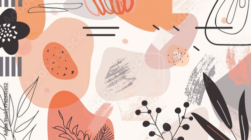 modern abstract shapes and flowers in a boho style, space between elements, simple, minimalistic