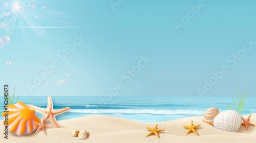 Summer beach scene with seashells and starfish on sand. Vacation and travel.