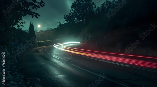 Car light trails in road at night
