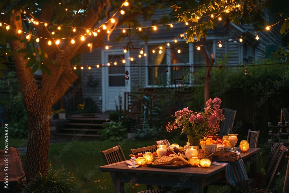 A serene outdoor meal setting, embellished with festive lights and a bounty of fruits on a rustic wooden table.