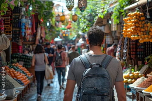 Traveler Navigating Through a Bustling Traditional Market Scene