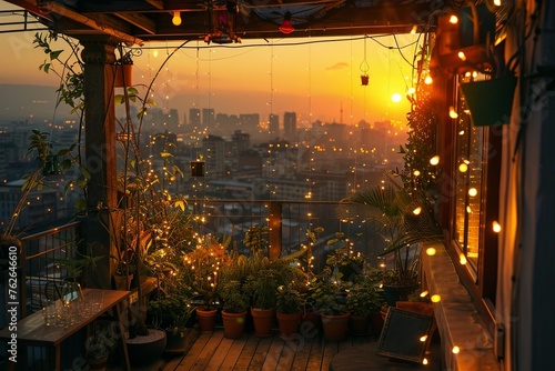 The golden hour illuminates an urban balcony garden adorned with fairy lights, offering a warm and intimate retreat above a glowing city.