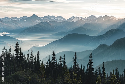 A panoramic view of a mountain range bathed in morning mist, with sunlit peaks towering above a forest of evergreens. © Maria
