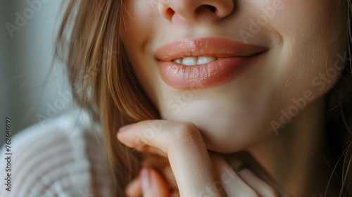 Close-Up Caucasian Woman's Beautiful Teeth Hand Touching Chin photo