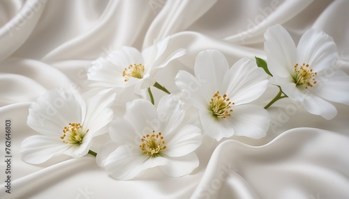 A spring white flowers on flowing white silk, abstract background for card, invitation, prints or wallpaper.