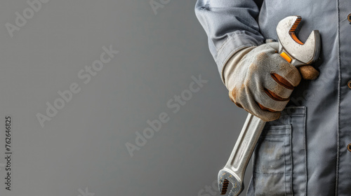 Mechanic is holding wrench in the hand, repair service at car workshop garage