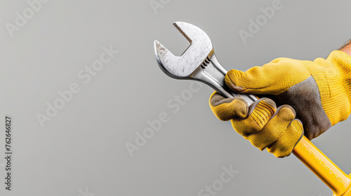 Mechanic is holding wrench in the hand, repair service at car workshop garage photo