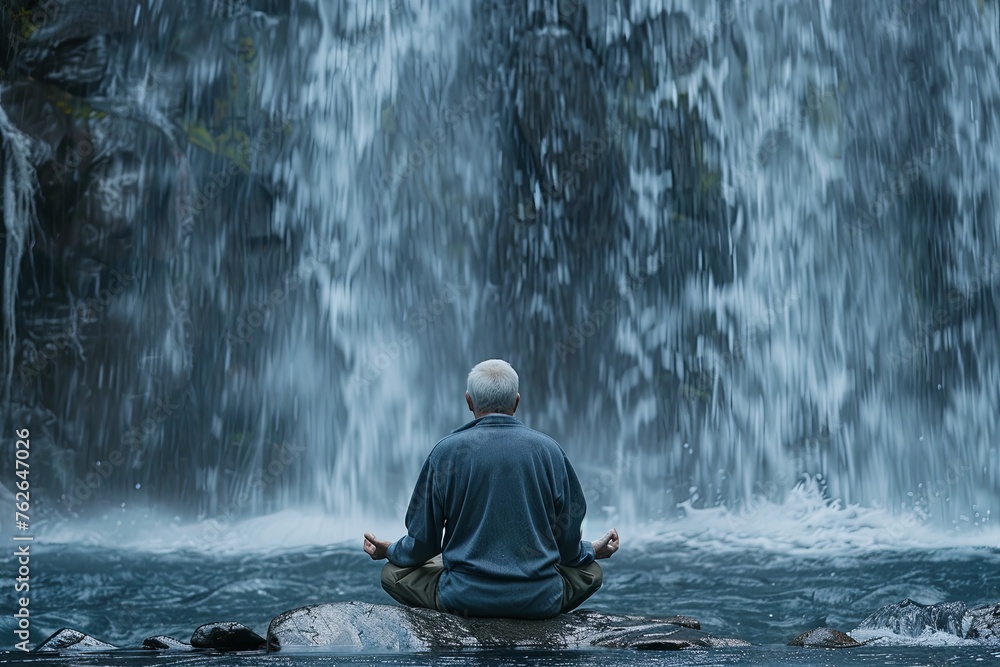 Obraz premium A senior man engages in mindful meditation by a majestic waterfall, the soothing sounds of cascading water complimenting his quest for inner peace.
