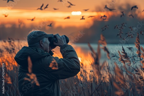 A serene scene captures an elderly man in a jacket using binoculars against a vibrant sunrise, with silhouettes of birds in flight, creating a tranquil moment of nature observation.