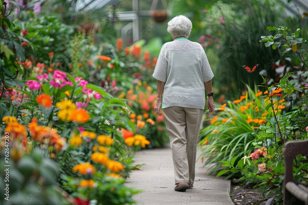 A back view of a senior woman strolling down a lush garden path, surrounded by rich, colorful blooms and greenery. A back view of a senior woman strolling down a lush garden path, surrounded by rich, colorful blooms and greenery.