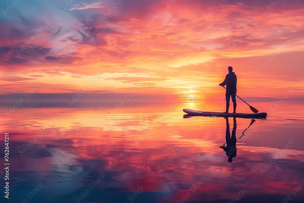 A paddleboarder in silhouette against a backdrop of stunning sunset colors reflecting on calm waters, evoking peace and balance.