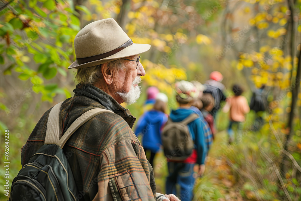 An elderly man with a beard and hat leads a diverse group of children on an autumnal educational walk through the forest.