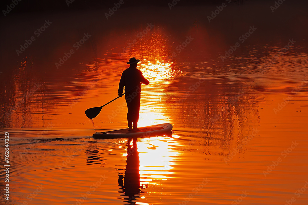 The warm glow of the setting sun illuminates a paddleboarder's solitary journey across the tranquil waters, creating a serene ambiance.