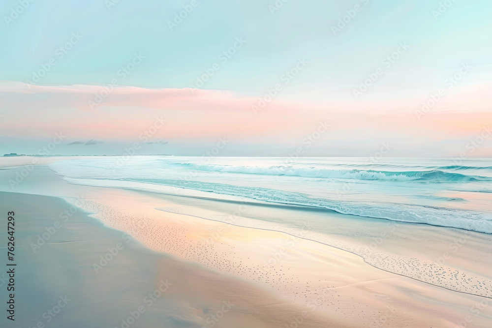 Pink and blue morning skies cast a pastel reflection over the undisturbed sandy beach, with the ocean's waves whispering ashore.