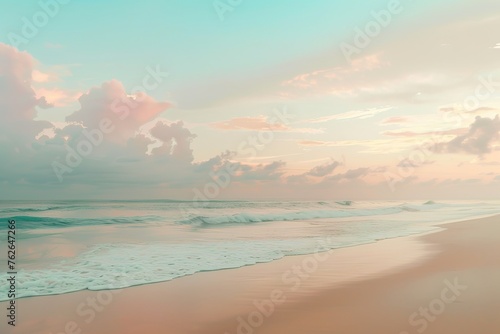 A serene beach bathed in pastel dawn light  with gentle waves lapping the shore under a soft  cotton-candy sky.