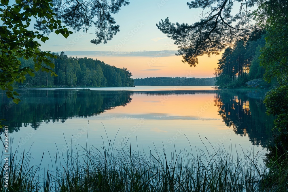 Obraz premium As twilight descends, the gentle hues of sunset reflect upon a calm lake, flanked by silhouetted trees and a peaceful sky.