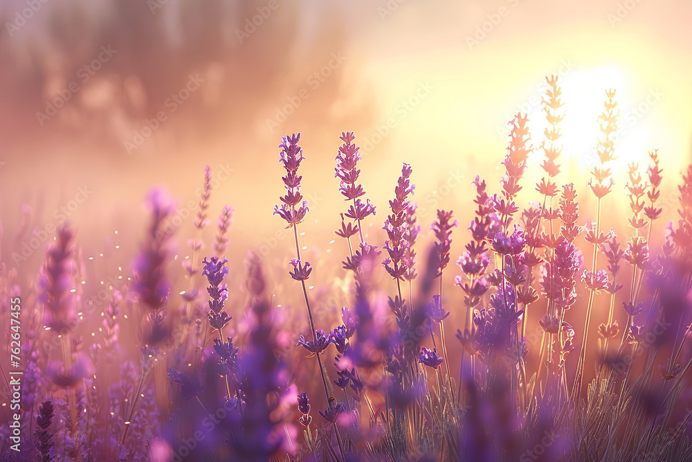Lavender blooms bask in the twilight's glow, creating a surreal and tranquil field awash in purple and gold hues.