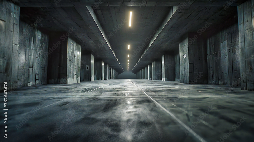 Mysterious Corridor: Dark and Empty Space with a Concrete Path, Setting a Scene of Intrigue and Exploration