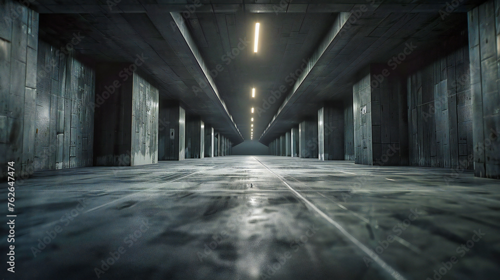 Mysterious Corridor: Dark and Empty Space with a Concrete Path, Setting a Scene of Intrigue and Exploration Mysterious Corridor: Dark and Empty Space with a Concrete Path, Setting a Scene of Intrigue and Exploration