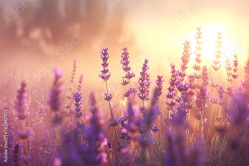 Lavender blooms bask in the twilight's glow, creating a surreal and tranquil field awash in purple and gold hues.