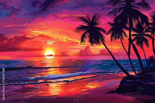 A vivid, colorful illustration of a secluded tropical beach at sunset, with palm trees, a peaceful ocean, and a vibrant sky. © Maria
