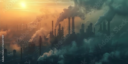 Industrial factory polluting city skyline with smog harming environment and air quality. Concept Pollution, Industrialization, Environmental Impact, Smog, Air Quality © Ян Заболотний