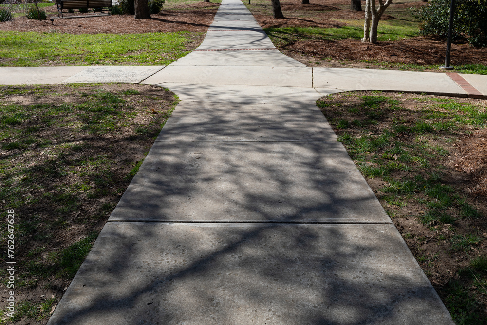 Intersecting sidewalks with one in deep shadows and one in bright light, choices, good and bad, horizontal aspect