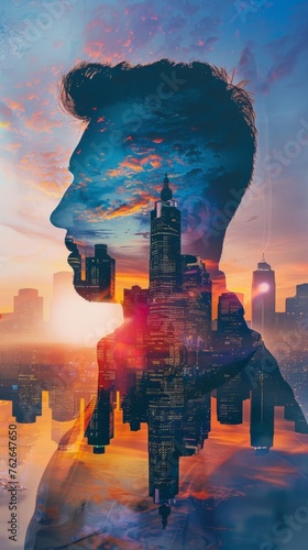 A double exposure featuring a mans face overlaid with the cityscape in the background. The mans features blend seamlessly with the urban skyline, creating a striking visual effect.