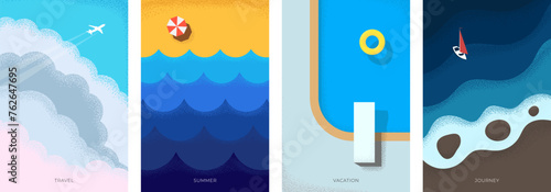 Abstract retro minimal summer travel poster set. Plane flies in clouds on holiday vintage print. Yacht on sea and beach with swimming pool on vacation trendy minimalist eps placard. Summertime journey