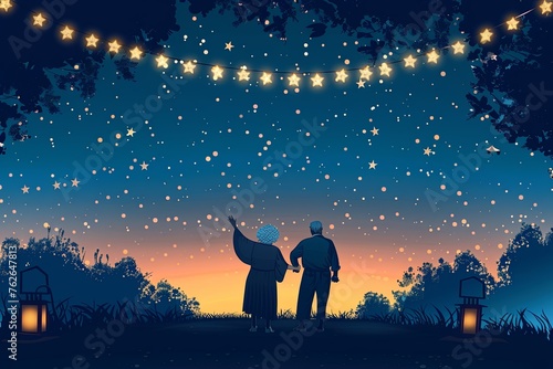 A senior couple stands under a starlit sky, gazing at the illuminated night, surrounded by the gentle glow of string lights.