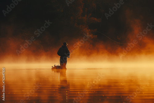 In the hazy light of dawn, an elderly fisherman stands in still waters, a picture of solitude and contemplation.