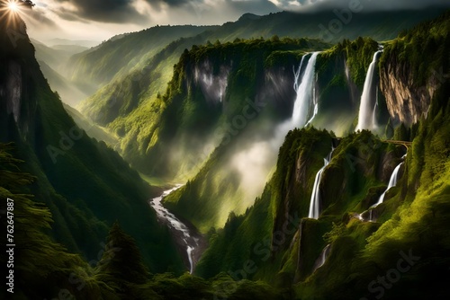 A panoramic view of a majestic waterfall framed by a lush valley, with mist rising from the cascades and creating an ethereal atmosphere