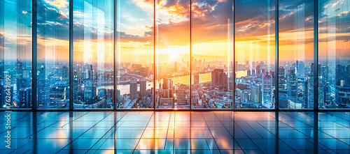 Morning in a modern city, with skyscrapers bathed in sunrise light, reflecting the start of a new day in the urban landscape