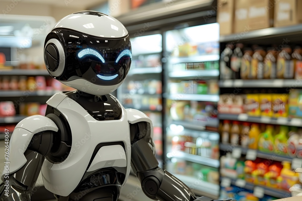 High-tech Cashier Humanoid Robot Welcoming Customer with a Digital Smile in a Neighborhood Grocery Store High-tech Cashier Humanoid Robot Welcoming Customer with a Digital Smile in a Neighborhood Grocery Store