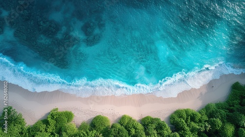 An aerial view captures the stunning beauty of a tropical beach, with crystal-clear turquoise waters meeting a pristine sandy shore, lined with lush green palm trees.