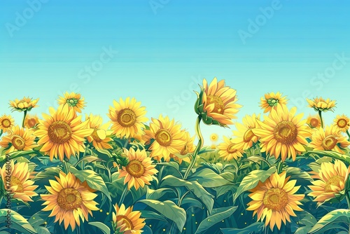 An illustration of a sunflower field bursting with golden blooms basks under a clear blue sky  exuding the vibrant spirit of summer.