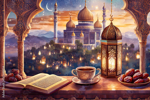 Fantasy Islamic-style lantern design for Ramadan celebration with copy space