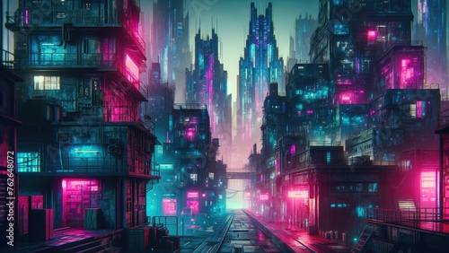 a futuristic cyberpunk cityscape, atmospheric fog shrouds the alleyways where glowing neon signs illuminate the urban landscape.