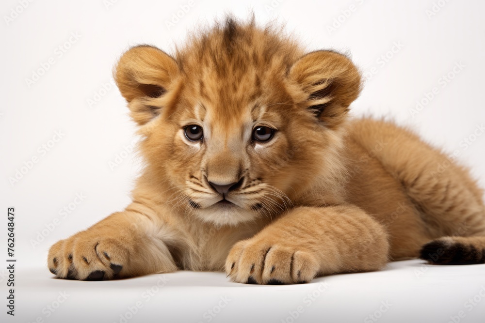 lion cub is lying on a white background. kitten, feline.