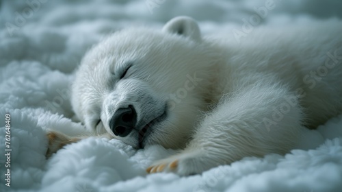  A photo of a baby polar bear sleeping on its back with its eyes closed