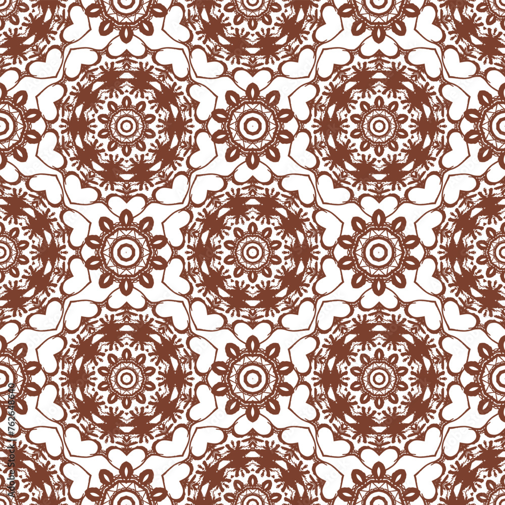 Seamless pattern with evenly spaced drawn stylized flowers. Brown objects on a white background. Vector illustration.eps