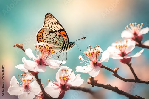 A delicate butterfly perched on a blooming peach blossom, with the soft gradient of the pastel background enhancing its ethereal beauty © Momina