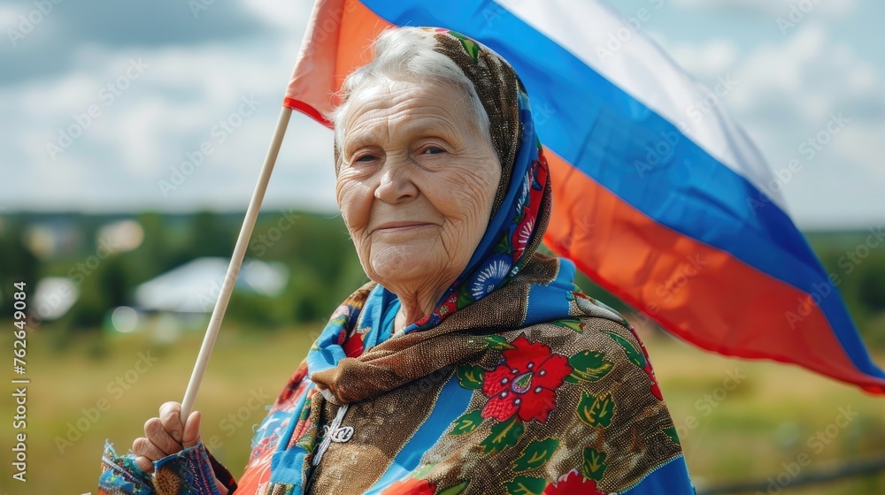 An elderly lady proudly holds a Russian flag - obrazy, fototapety, plakaty 