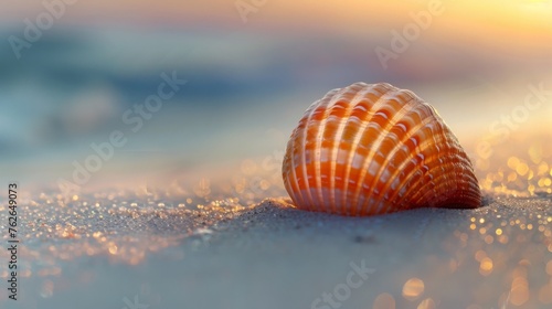 A single, perfectly symmetrical seashell resting on a bed of fine sand, illuminated by the soft glow of dawn, capturing a moment of quiet beauty and tranquility.
