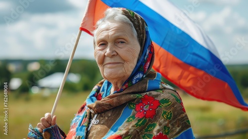 An elderly lady proudly holds a Russian flag photo